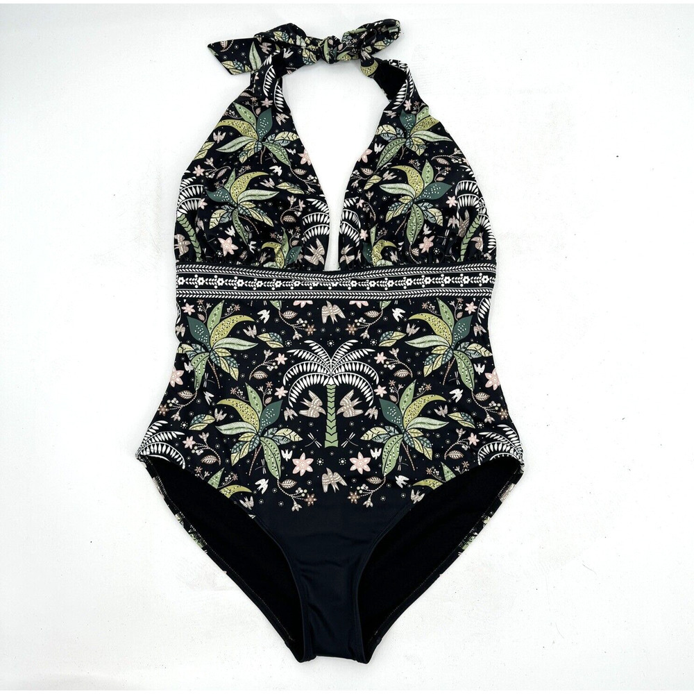 Boden Black Palm-Print Halter One-Piece Swimsuit